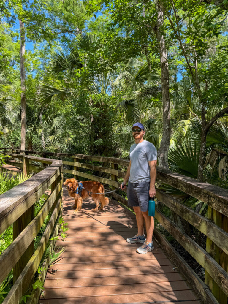 Man in a cap and sunglasses stands on a wooden boardwalk with a leashed golden retriever amid dense tropical greenery.