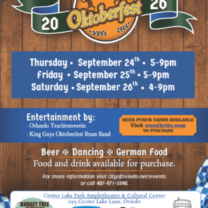 Oktoberfest festival poster on a wood backdrop showing dates and daily schedule for Thursday–Saturday with beer imagery and sponsor logos on the bottom panel.